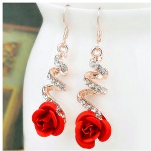 Vintage Red Rose Flower Earrings For Women